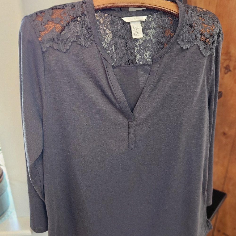 H&M Lace-Trim Long Sleeve Tunic in Charcoal Gray